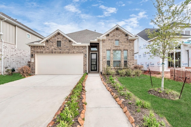 view of front of property with a front lawn and a garage