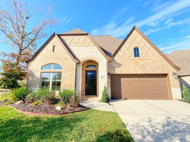 view of front of house with a garage and a front lawn