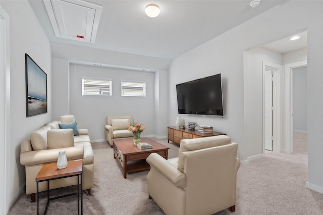 living room featuring light colored carpet