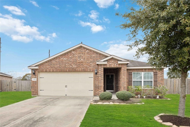 ranch-style home featuring a garage and a front lawn