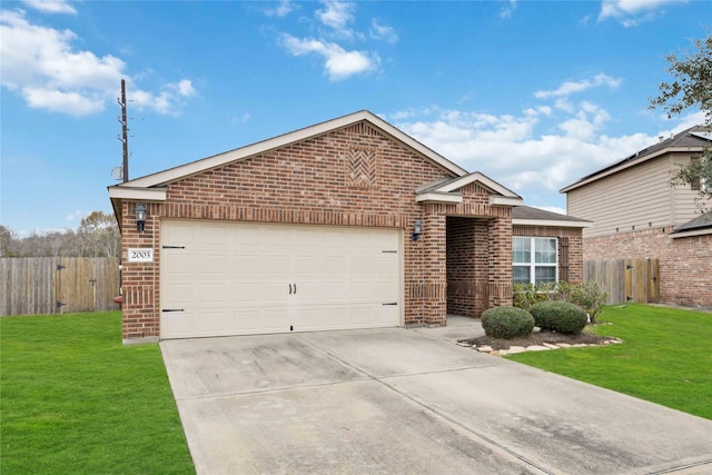 ranch-style home with a garage and a front yard