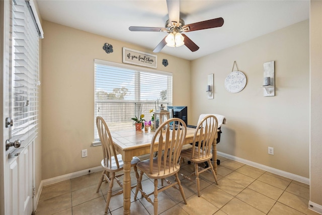 dining space with ceiling fan and light tile patterned floors