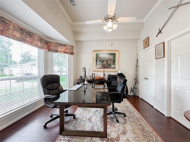 office featuring dark hardwood / wood-style floors, ceiling fan, and crown molding