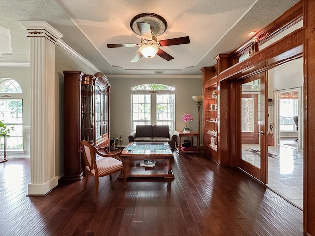 living area featuring ceiling fan, french doors, dark hardwood / wood-style floors, and ornamental molding