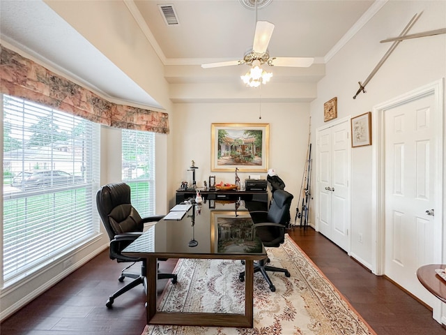 office with ceiling fan, a healthy amount of sunlight, dark hardwood / wood-style flooring, and ornamental molding