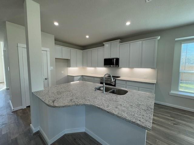 kitchen with white cabinets, dark hardwood / wood-style flooring, light stone counters, and sink