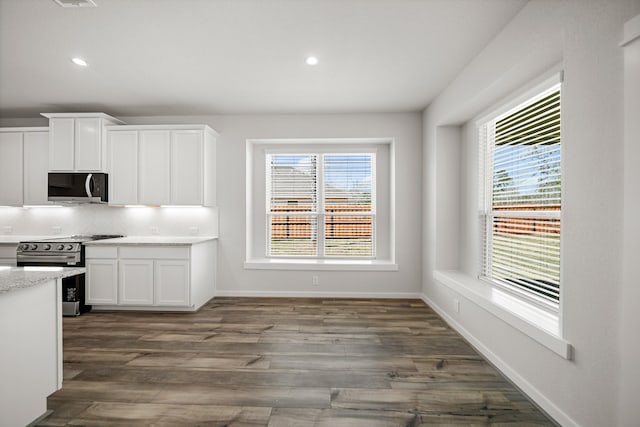 kitchen with white cabinetry, appliances with stainless steel finishes, tasteful backsplash, and dark hardwood / wood-style flooring