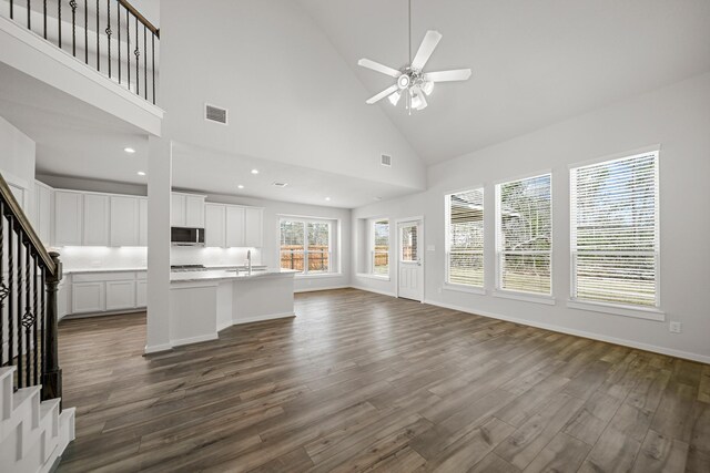 unfurnished living room featuring sink, high vaulted ceiling, dark hardwood / wood-style floors, and ceiling fan