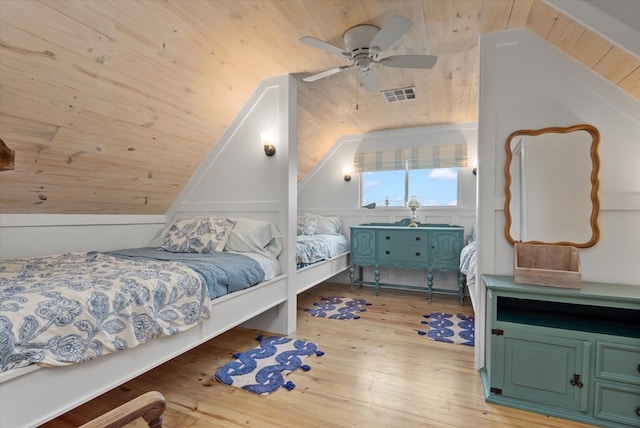 bedroom featuring ceiling fan, light hardwood / wood-style floors, wood ceiling, and vaulted ceiling