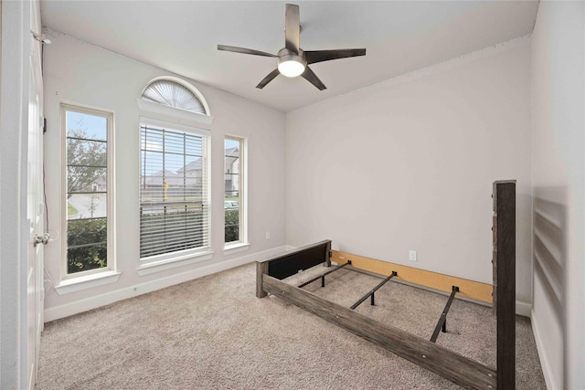 exercise room featuring ceiling fan and carpet