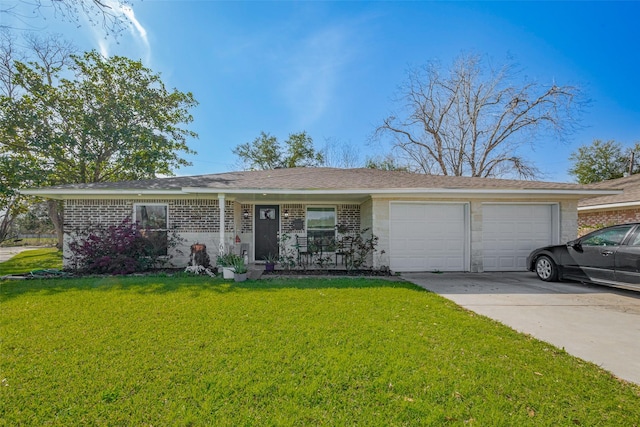 ranch-style house featuring a front yard, concrete driveway, brick siding, and an attached garage