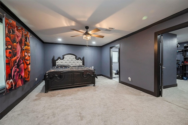606 S Kaufman Dr, Deer Park, TX 77536 - carpeted bedroom featuring ceiling fan, ornamental molding, visible vents, and baseboards