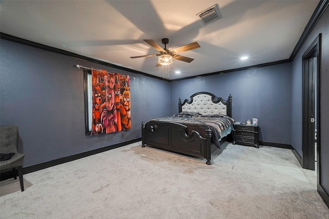 606 S Kaufman Dr, Deer Park, TX 77536 - carpeted bedroom with a ceiling fan, baseboards, visible vents, and crown molding