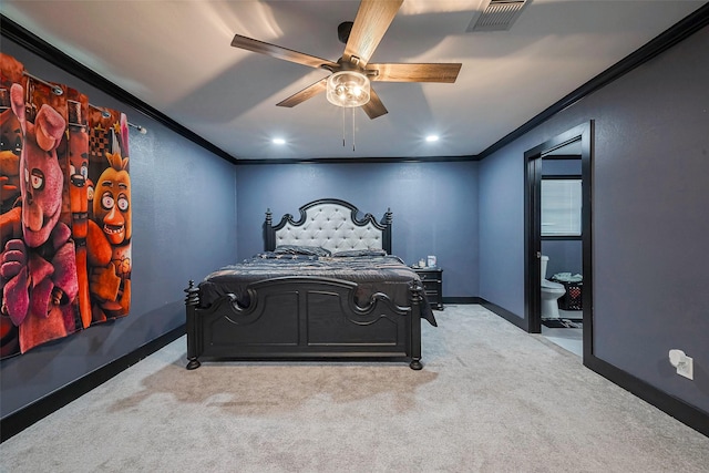606 S Kaufman Dr, Deer Park, TX 77536 - bedroom with crown molding, light colored carpet, visible vents, ceiling fan, and baseboards