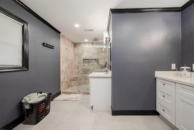606 S Kaufman Dr, Deer Park, TX 77536 - bathroom featuring recessed lighting, visible vents, vanity, a walk in shower, and tile patterned flooring