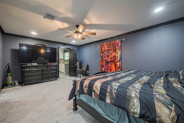 606 S Kaufman Dr, Deer Park, TX 77536 - bedroom with recessed lighting, carpet flooring, a ceiling fan, visible vents, and crown molding