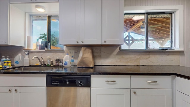 kitchen featuring tasteful backsplash, stainless steel dishwasher, a healthy amount of sunlight, sink, and white cabinetry