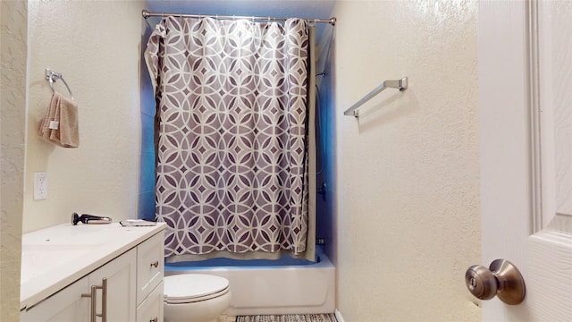 full bathroom featuring vanity, toilet, and shower / bathtub combination with curtain