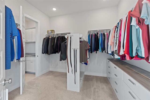 walk in closet with light carpet