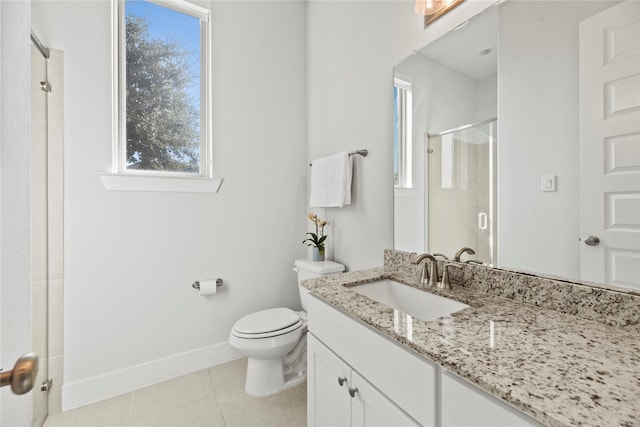 bathroom with tile patterned flooring, toilet, an enclosed shower, and vanity