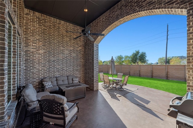 view of patio / terrace featuring outdoor lounge area, ceiling fan, and grilling area