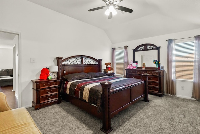 bedroom featuring light carpet, ceiling fan, and lofted ceiling