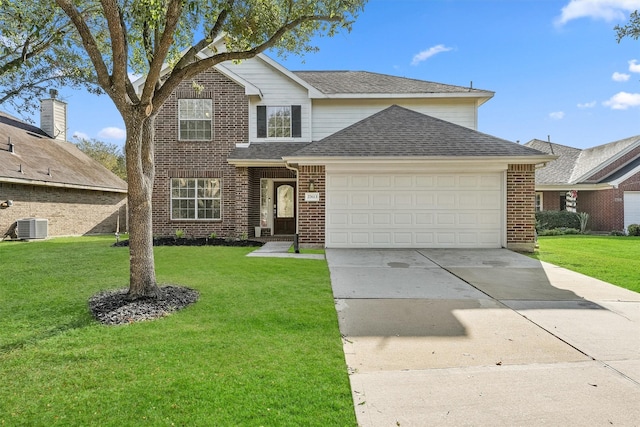 view of property with a front yard, a garage, and central air condition unit