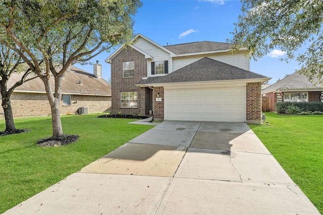 view of property with a front lawn, a garage, and cooling unit