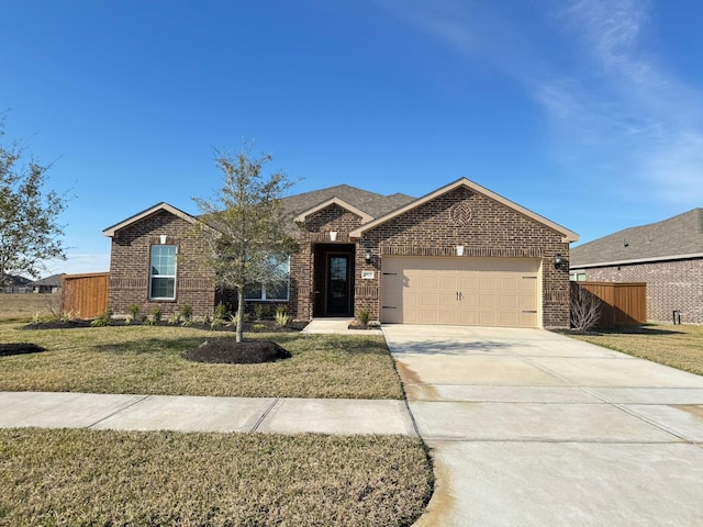 ranch-style house with a front yard and a garage