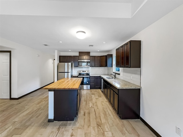 kitchen with light hardwood / wood-style flooring, appliances with stainless steel finishes, tasteful backsplash, a kitchen island, and butcher block counters