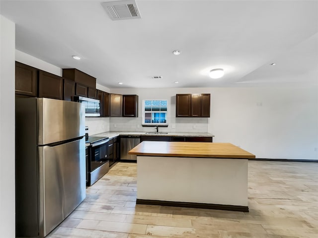 kitchen with dark brown cabinetry, sink, a kitchen island, and stainless steel appliances