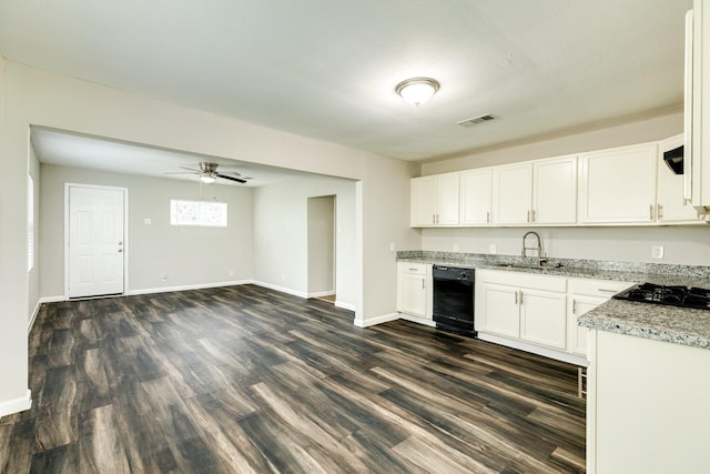 kitchen with dark hardwood / wood-style flooring, ceiling fan, sink, black appliances, and white cabinets