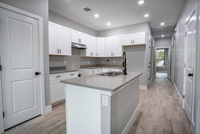 kitchen featuring white cabinets, sink, and a kitchen island with sink