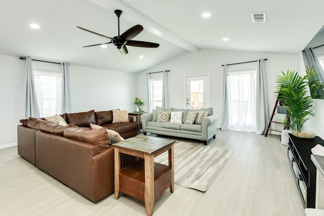 living room with lofted ceiling with beams, light hardwood / wood-style floors, and ceiling fan