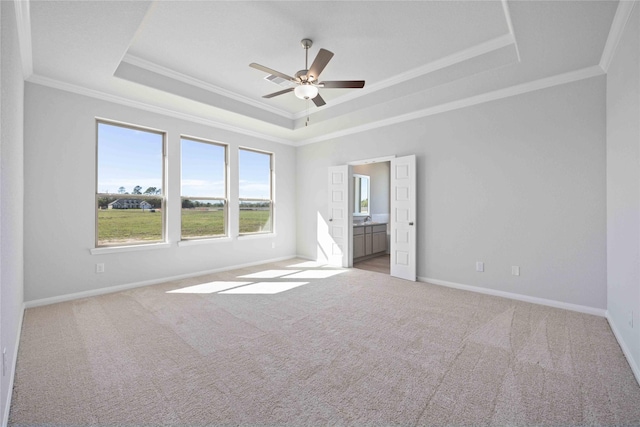 carpeted spare room featuring a tray ceiling, ceiling fan, and crown molding