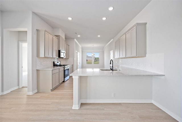 kitchen featuring kitchen peninsula, sink, gray cabinets, and stainless steel appliances