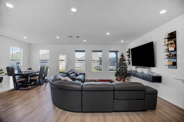 living room with light hardwood / wood-style flooring