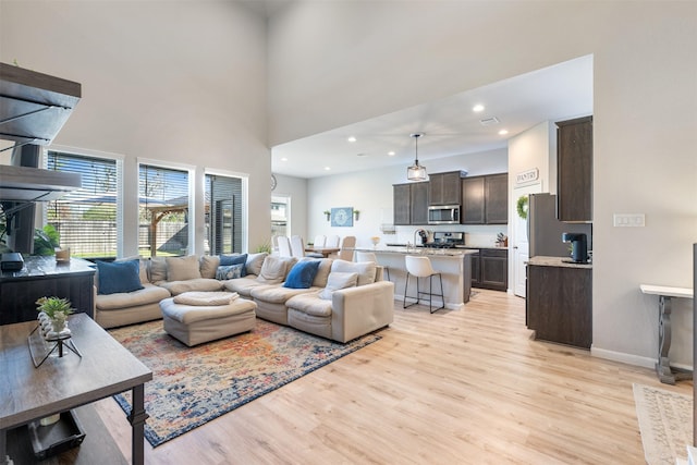 living room featuring a high ceiling, light hardwood / wood-style flooring, and sink