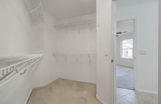 walk in closet featuring light colored carpet