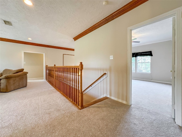 hallway with crown molding, carpet floors, and a textured ceiling