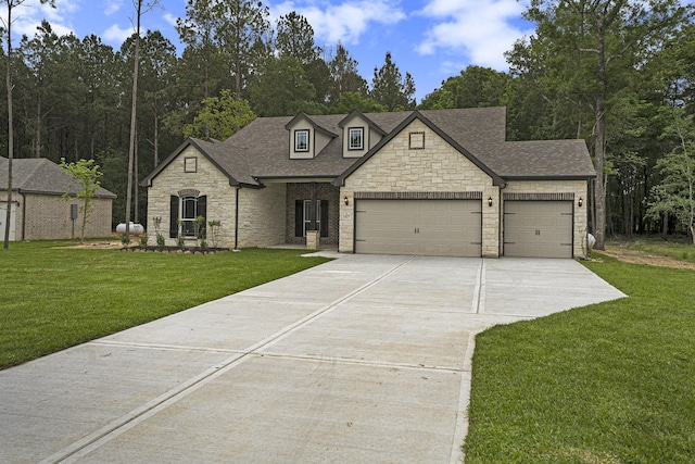 french country inspired facade with a garage and a front lawn