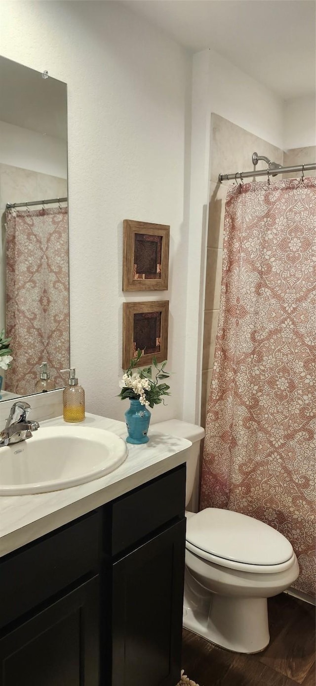 bathroom featuring hardwood / wood-style flooring, vanity, and toilet