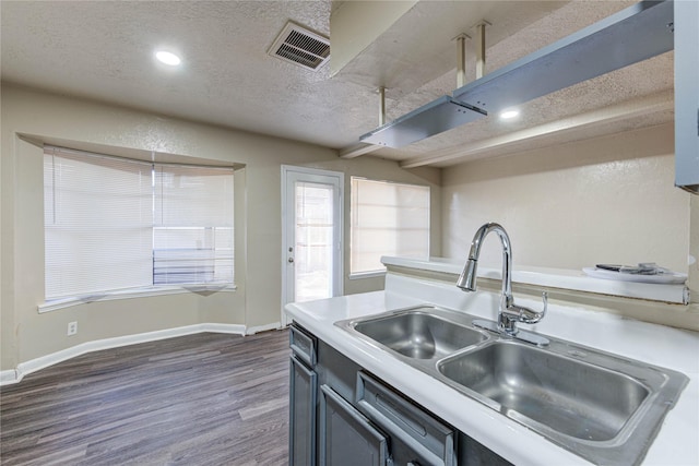 kitchen with a textured ceiling, dark wood-type flooring, and sink