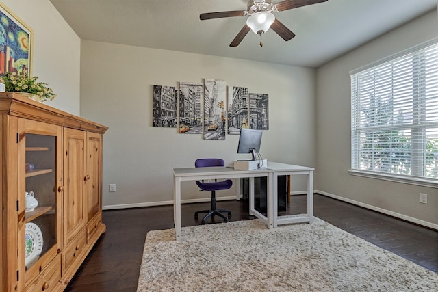 office with dark hardwood / wood-style flooring and ceiling fan