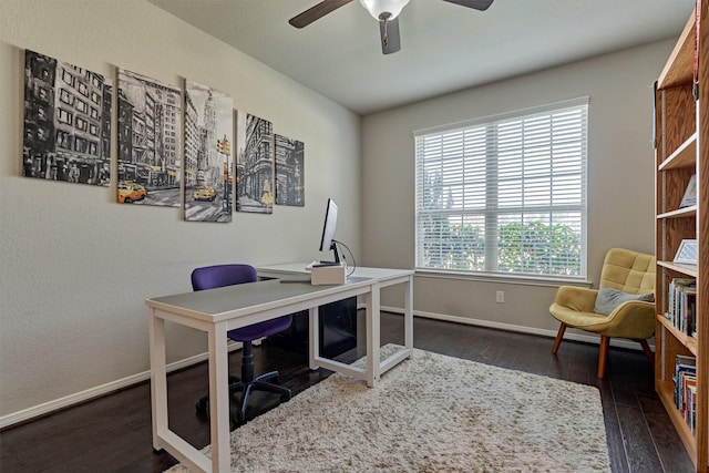 office with ceiling fan and dark hardwood / wood-style floors