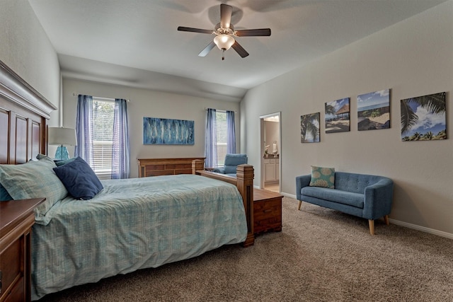 bedroom with connected bathroom, ceiling fan, carpet, and multiple windows