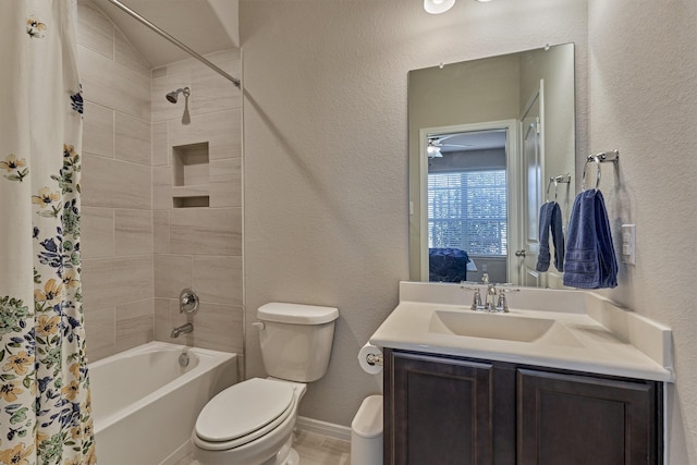 full bathroom with shower / tub combo with curtain, vanity, lofted ceiling, and toilet