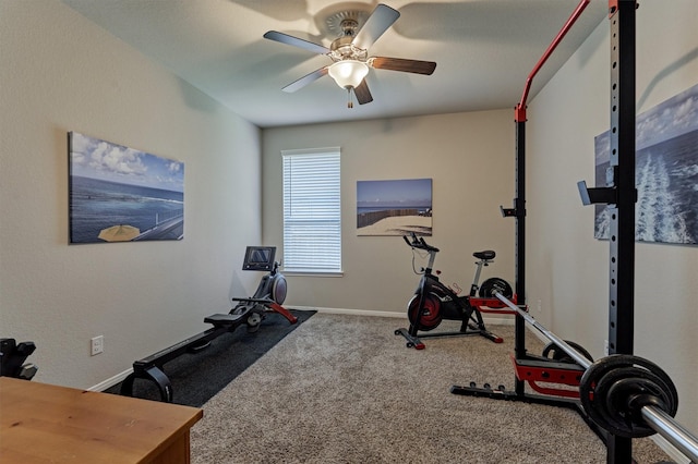 workout room with carpet floors and ceiling fan