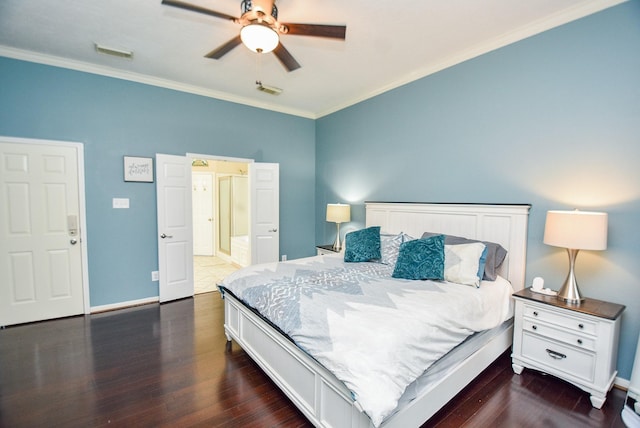 bedroom with ceiling fan, ornamental molding, and dark wood-type flooring