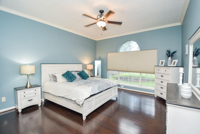 bedroom with multiple windows, ceiling fan, crown molding, and dark wood-type flooring